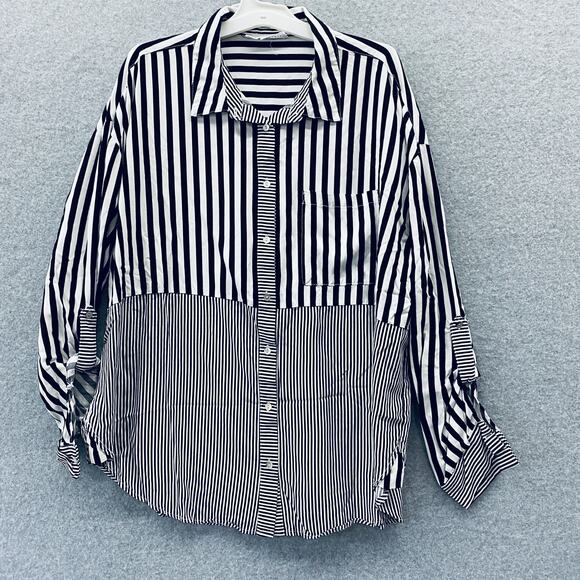 Jane + Delancey Shirt Womens XL Black White Striped Button Down Rayon Pocket - Picture 4 of 7